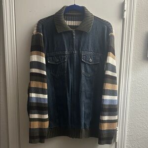 Denim Jacket w/ Multicolored Striped Knit Sleeves